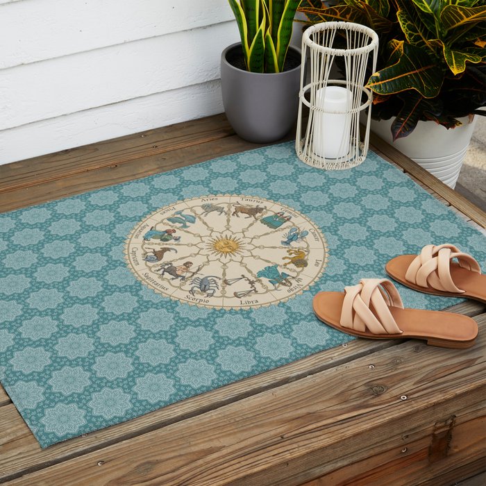 Vintage Astrology Zodiac Wheel on Teal Outdoor Rug Gallery Image 2