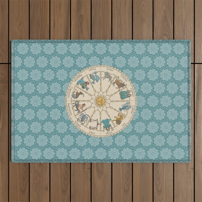 Vintage Astrology Zodiac Wheel on Teal Outdoor Rug Gallery Image 1
