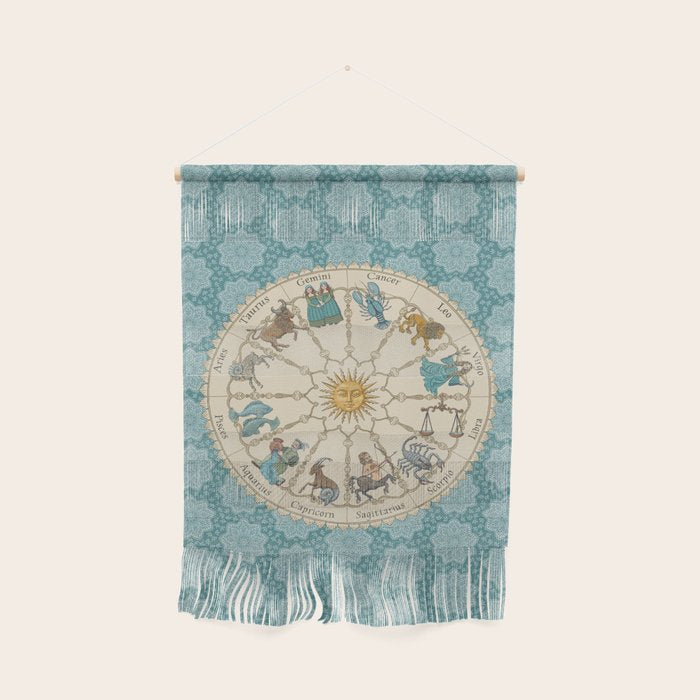 Vintage Astrology Zodiac Wheel on Teal Wall Hanging Gallery Image 1