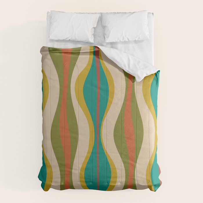 Mid-Century Modern Hourglass Abstract Pattern in Turquoise Teal, Orange, Mustard, Olive, and Mid Mod Beige Comforter Gallery Image 1