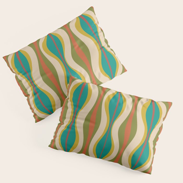 Mid-Century Modern Hourglass Abstract Pattern in Turquoise Teal, Orange, Mustard, Olive, and Mid Mod Beige Pillow Sham Gallery Image 1