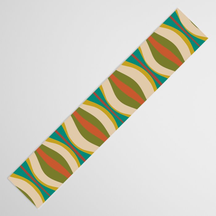 Mid-Century Modern Hourglass Abstract Pattern in Turquoise Teal, Orange, Mustard, Olive, and Mid Mod Beige Table Runner Gallery Image 3
