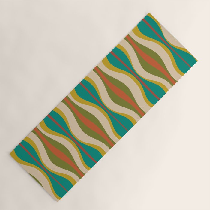 Mid-Century Modern Hourglass Abstract Pattern in Turquoise Teal, Orange, Mustard, Olive, and Mid Mod Beige Yoga Mat Gallery Image 1