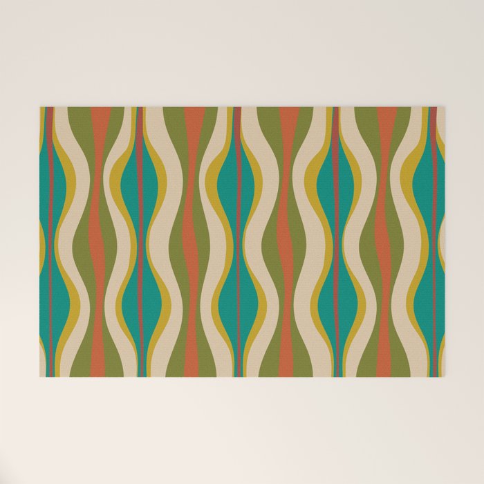Mid-Century Modern Hourglass Abstract Pattern in Turquoise Teal, Orange, Mustard, Olive, and Mid Mod Beige Welcome Mat Gallery Image 1