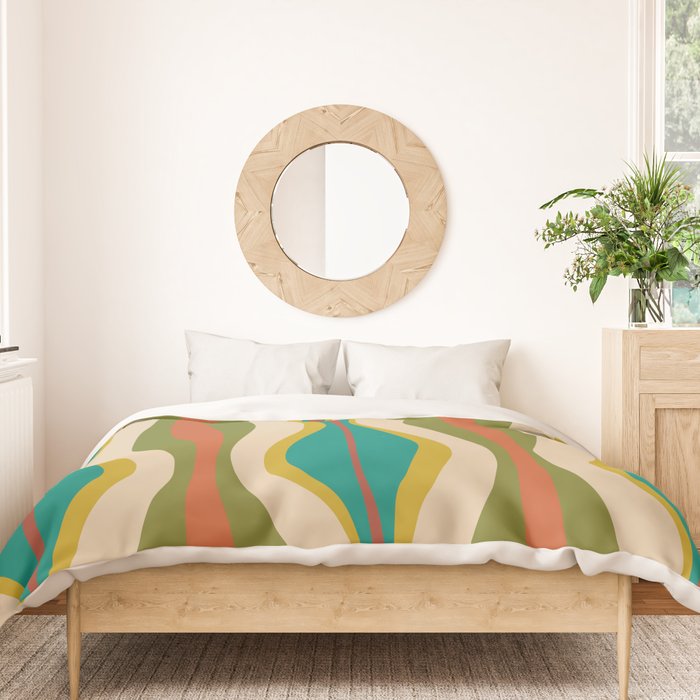 Mid-Century Modern Hourglass Abstract Pattern in Turquoise Teal, Orange, Mustard, Olive, and Mid Mod Beige Duvet Cover Gallery Image 3