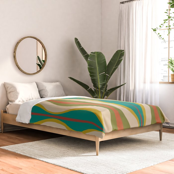 Mid-Century Modern Hourglass Abstract Pattern in Turquoise Teal, Orange, Mustard, Olive, and Mid Mod Beige Comforter Gallery Image 2