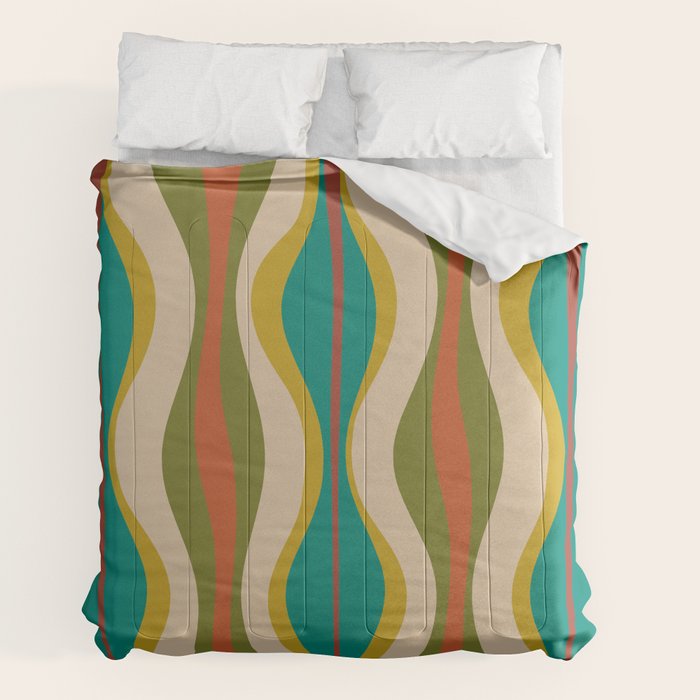 Mid-Century Modern Hourglass Abstract Pattern in Turquoise Teal, Orange, Mustard, Olive, and Mid Mod Beige Comforter Gallery Image 2