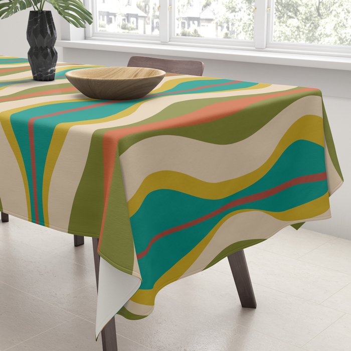 Mid-Century Modern Hourglass Abstract Pattern in Turquoise Teal, Orange, Mustard, Olive, and Mid Mod Beige Tablecloth Gallery Image 3