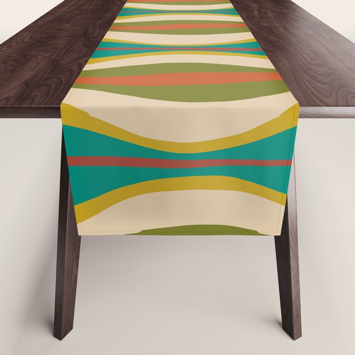 Mid-Century Modern Hourglass Abstract Pattern in Turquoise Teal, Orange, Mustard, Olive, and Mid Mod Beige Table Runner Gallery Image 1