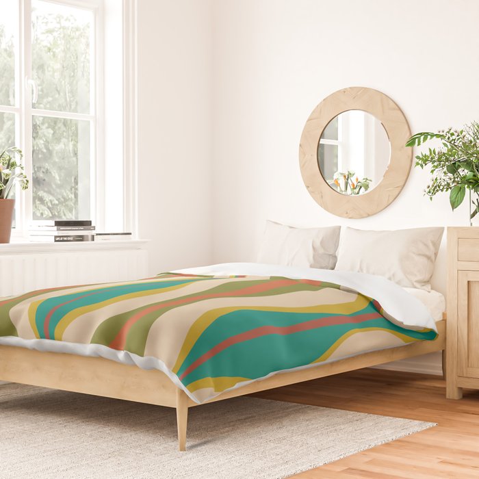 Mid-Century Modern Hourglass Abstract Pattern in Turquoise Teal, Orange, Mustard, Olive, and Mid Mod Beige Duvet Cover Gallery Image 2
