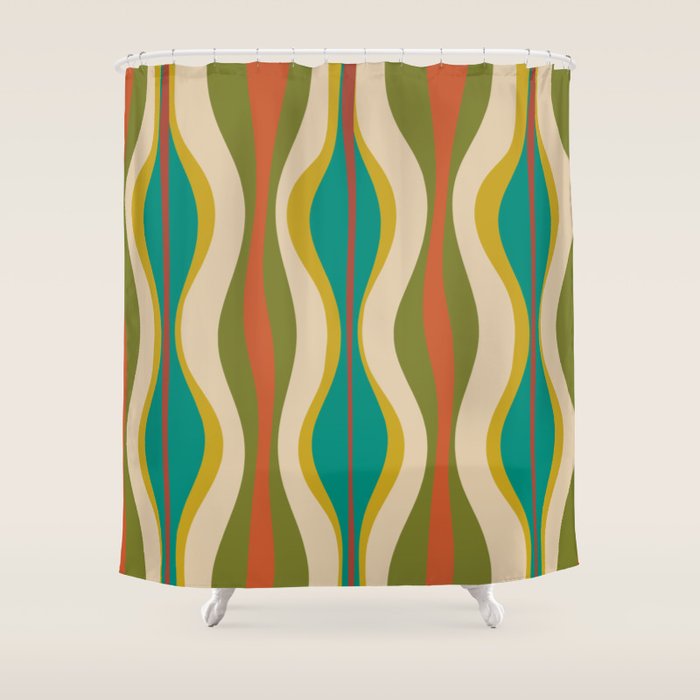 Mid-Century Modern Hourglass Abstract Pattern in Turquoise Teal, Orange, Mustard, Olive, and Mid Mod Beige Shower Curtain Gallery Image 1