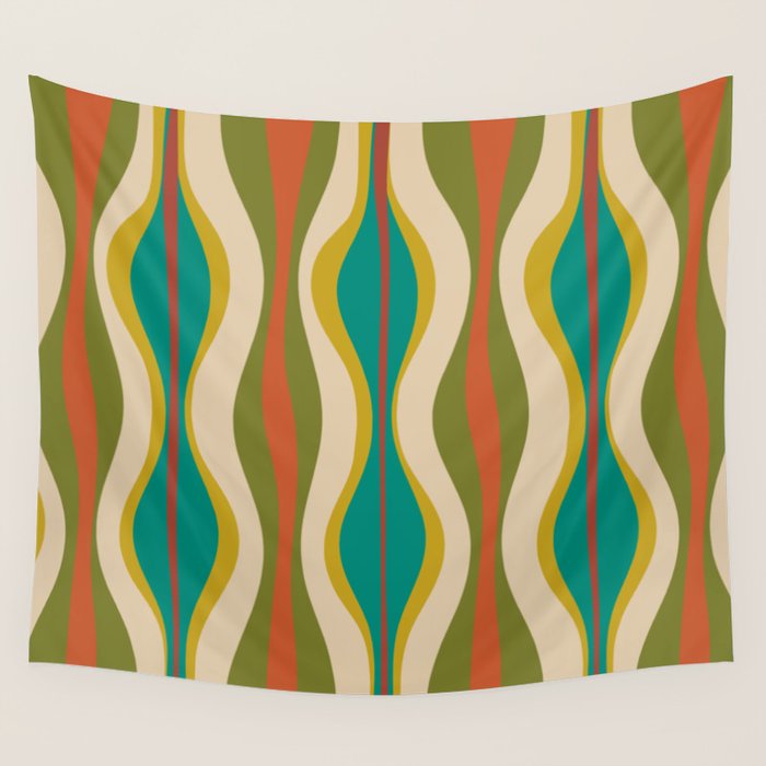 Mid-Century Modern Hourglass Abstract Pattern in Turquoise Teal, Orange, Mustard, Olive, and Mid Mod Beige Wall Tapestry Gallery Image 1