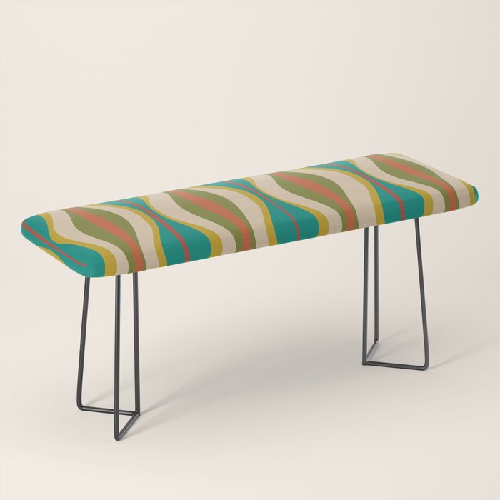 Mid-Century Modern Hourglass Abstract Pattern in Turquoise Teal, Orange, Mustard, Olive, and Mid Mod Beige Bench Gallery Image 1