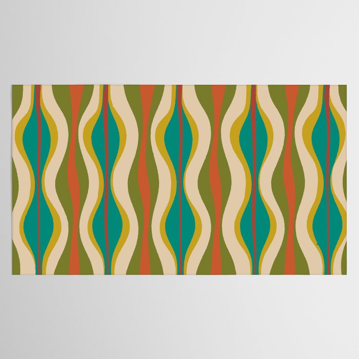 Mid-Century Modern Hourglass Abstract Pattern in Turquoise Teal, Orange, Mustard, Olive, and Mid Mod Beige Tablecloth Gallery Image 2