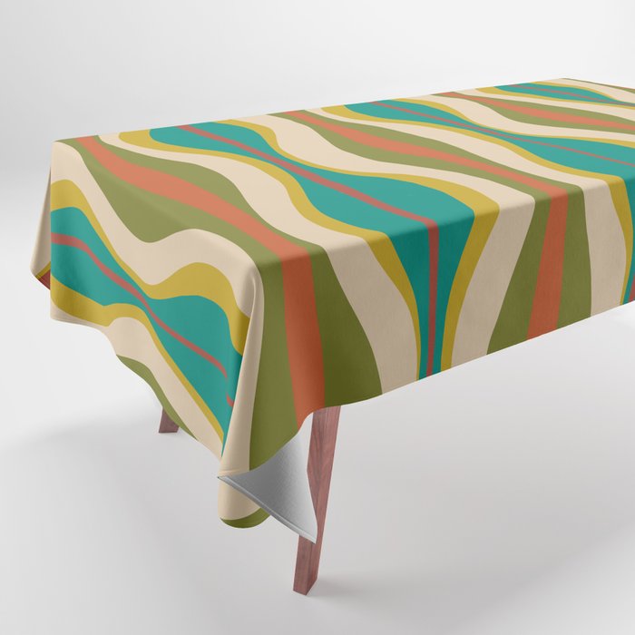 Mid-Century Modern Hourglass Abstract Pattern in Turquoise Teal, Orange, Mustard, Olive, and Mid Mod Beige Tablecloth Gallery Image 1