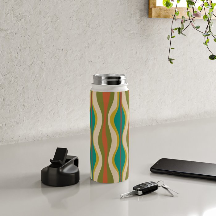 Mid-Century Modern Hourglass Abstract Pattern in Turquoise Teal, Orange, Mustard, Olive, and Mid Mod Beige Water Bottle Gallery Image 4