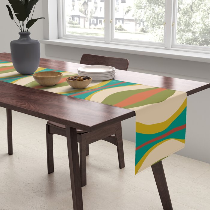 Mid-Century Modern Hourglass Abstract Pattern in Turquoise Teal, Orange, Mustard, Olive, and Mid Mod Beige Table Runner Gallery Image 2