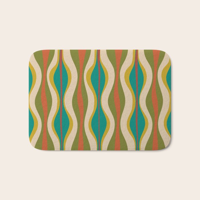Mid-Century Modern Hourglass Abstract Pattern in Turquoise Teal, Orange, Mustard, Olive, and Mid Mod Beige Bath Mat Gallery Image 1
