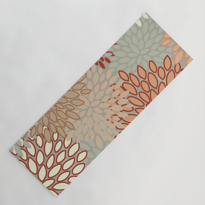Festive, Floral Prints, Green, Terracotta, Red, Coloured Prints Yoga Mat Gallery Image 1
