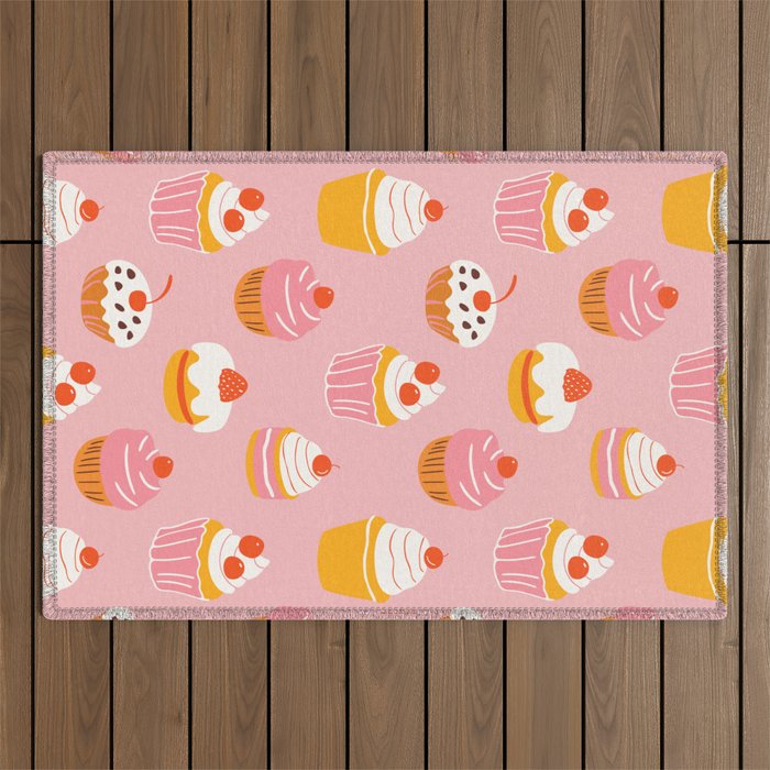Pink cupcake cartoon food pattern Outdoor Rug Gallery Image 1