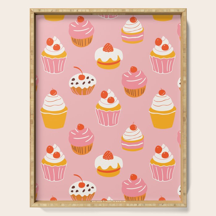 Pink cupcake cartoon food pattern Serving Tray Gallery Image 1