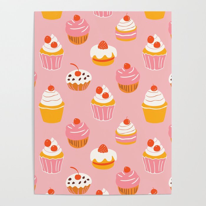 Pink cupcake cartoon food pattern Poster Gallery Image 4