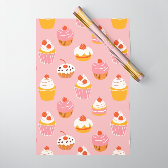 Pink cupcake cartoon food pattern Wrapping Paper Gallery Image 1