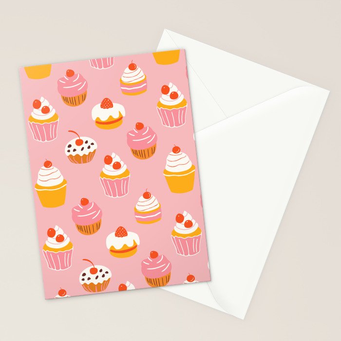 Pink cupcake cartoon food pattern Stationery Card Gallery Image 2