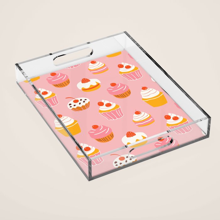 Pink cupcake cartoon food pattern Acrylic Tray Gallery Image 1