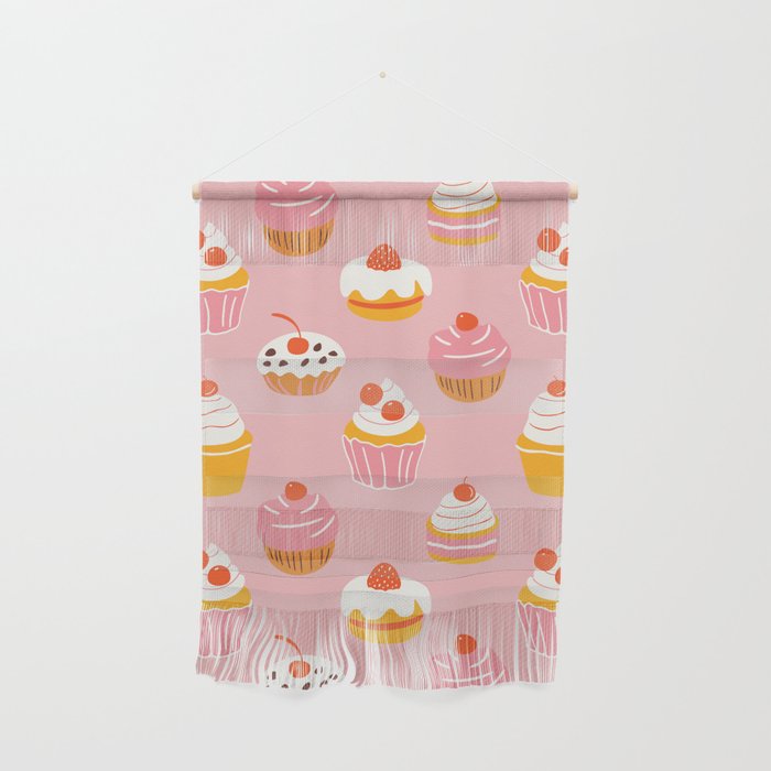 Pink cupcake cartoon food pattern Wall Hanging Gallery Image 1