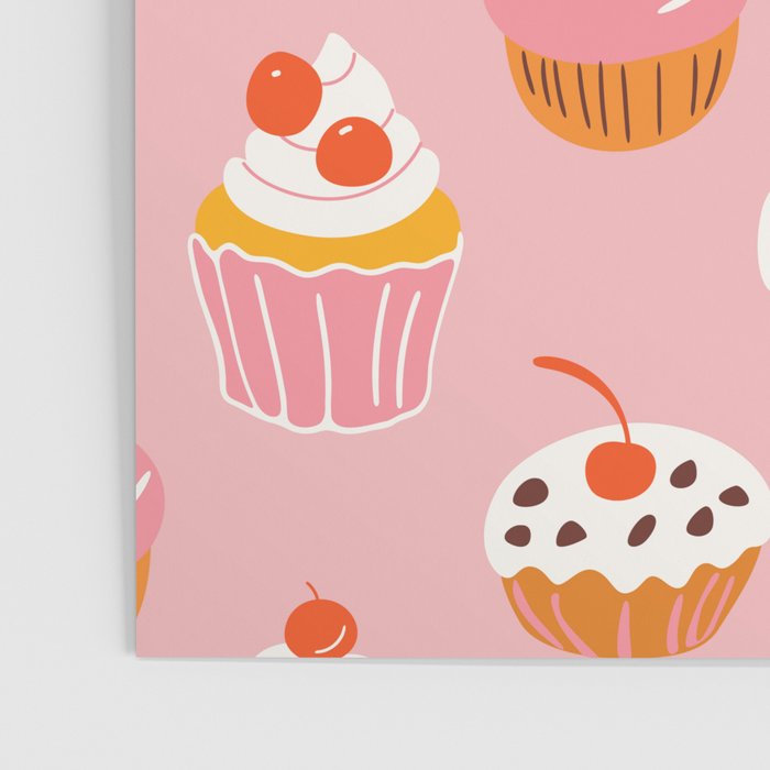 Pink cupcake cartoon food pattern Poster Gallery Image 3