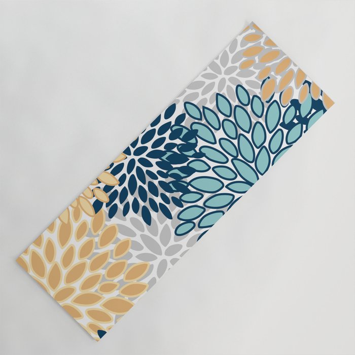 Floral Blooms, Yellow, Teal, Blue, Gray Yoga Mat Gallery Image 1