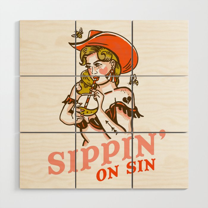 Sippin' On Sin Retro Cowgirl Wood Wall Art Gallery Image 1