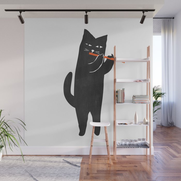 Black cat with flute Wall Mural Gallery Image 1