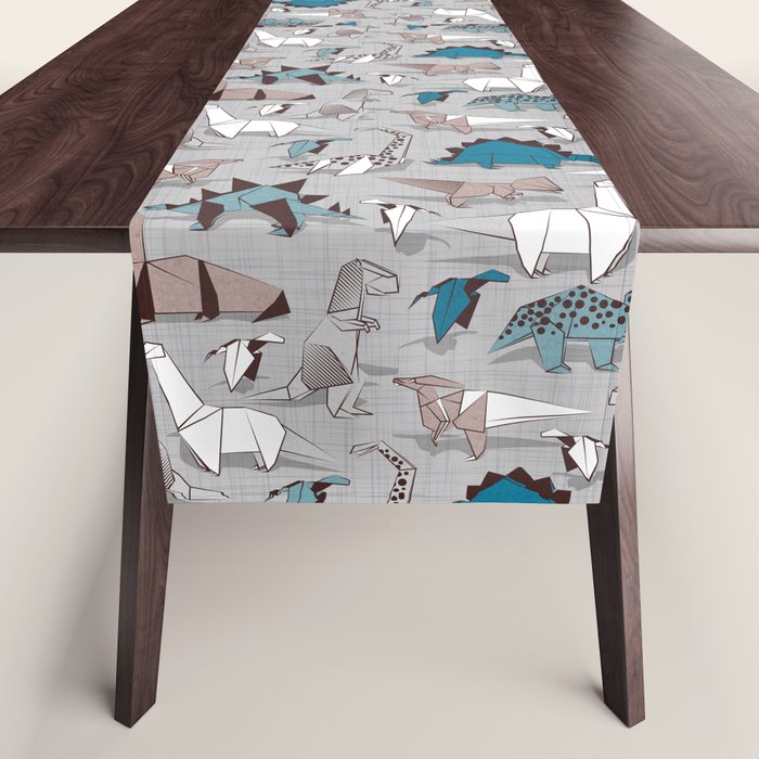 Origami Dino Friends // Grey Linen Texture Blue Dinosaurs Table Runner Gallery Image 1