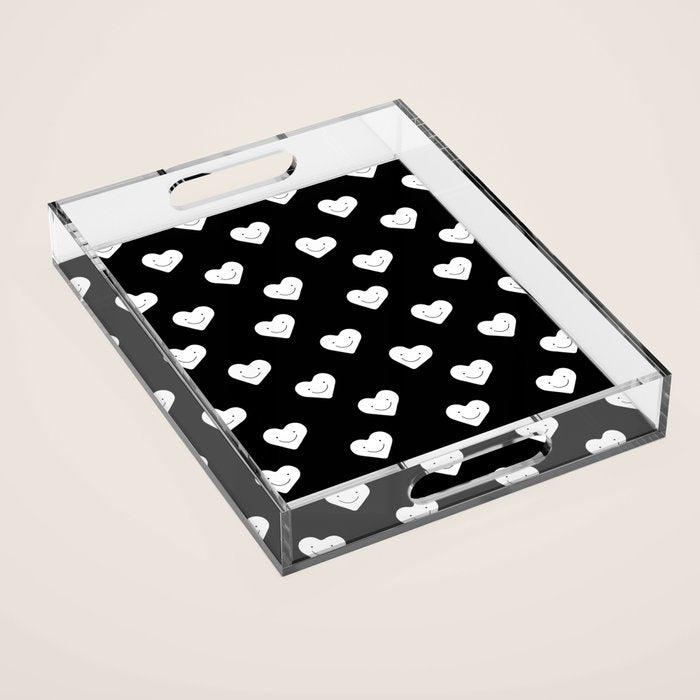 Black and white love heart doodle pattern Acrylic Tray Gallery Image 1