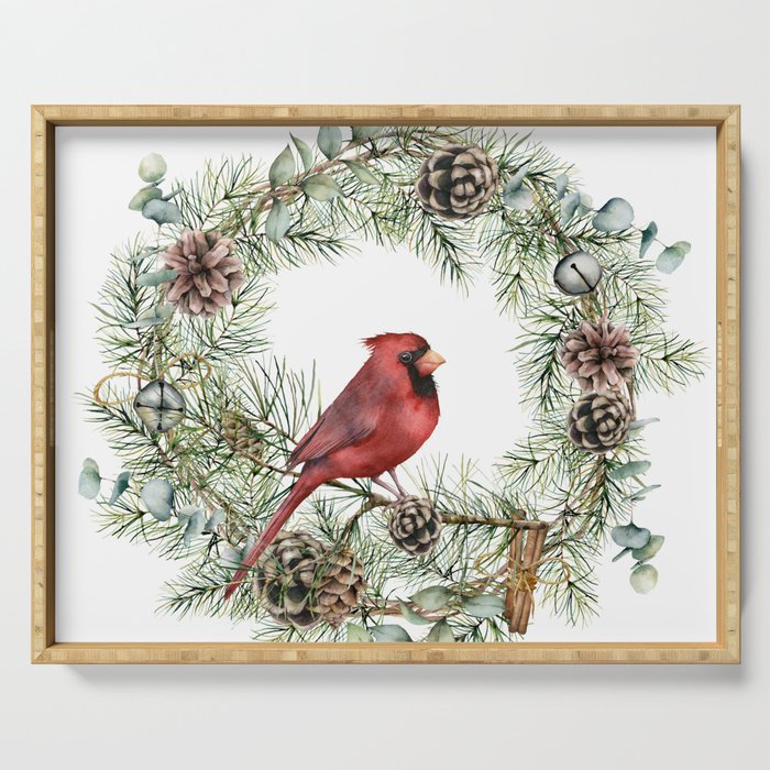 Cardinal Christmas Wreath, Floral Prints Serving Tray Gallery Image 1