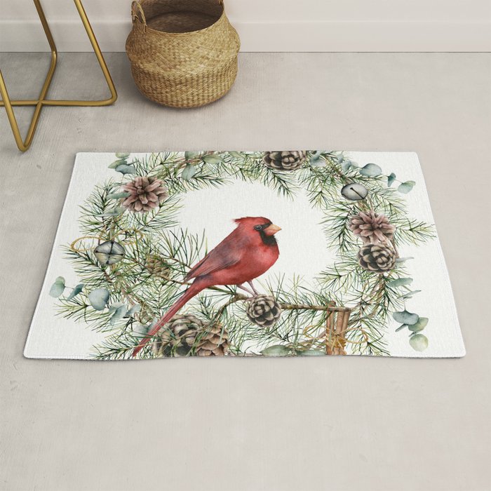 Cardinal Christmas Wreath, Floral Prints Rug Gallery Image 1