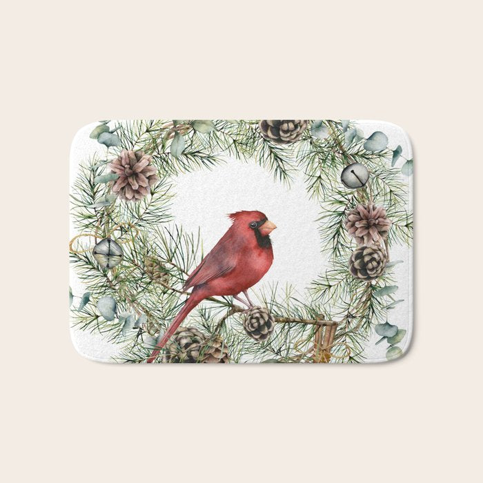 Cardinal Christmas Wreath, Floral Prints Bath Mat Gallery Image 1
