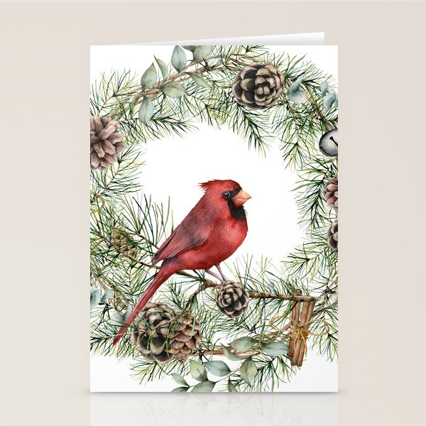 Cardinal Christmas Wreath, Floral Prints Stationery Card Gallery Image 1