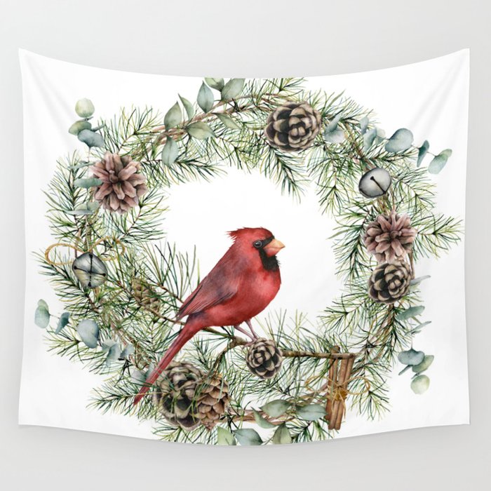 Cardinal Christmas Wreath, Floral Prints Wall Tapestry Gallery Image 1