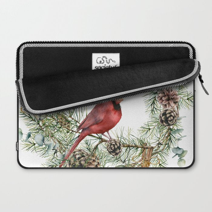 Cardinal Christmas Wreath, Floral Prints Laptop Sleeve Gallery Image 2