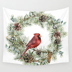 Cardinal Christmas Wreath, Floral Prints Wall Tapestry Gallery Image 4