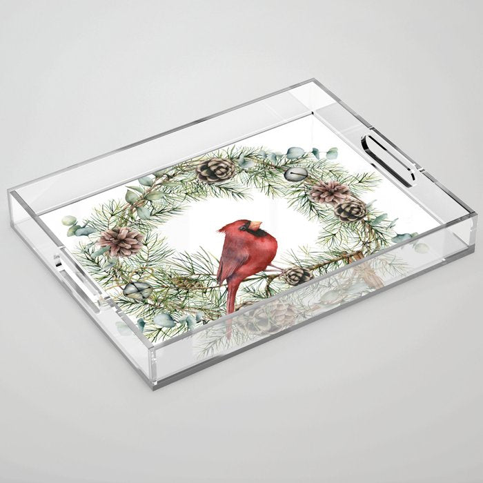 Cardinal Christmas Wreath, Floral Prints Acrylic Tray Gallery Image 1
