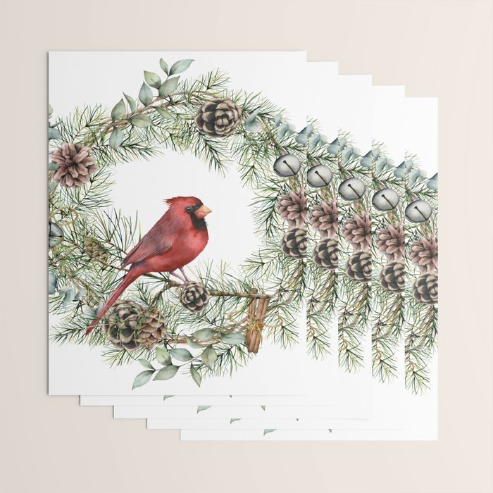 Cardinal Christmas Wreath, Floral Prints Wrapping Paper Gallery Image 3