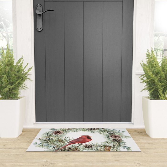 Cardinal Christmas Wreath, Floral Prints Welcome Mat Gallery Image 3