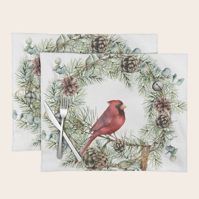 Cardinal Christmas Wreath, Floral Prints Placemat Gallery Image 1