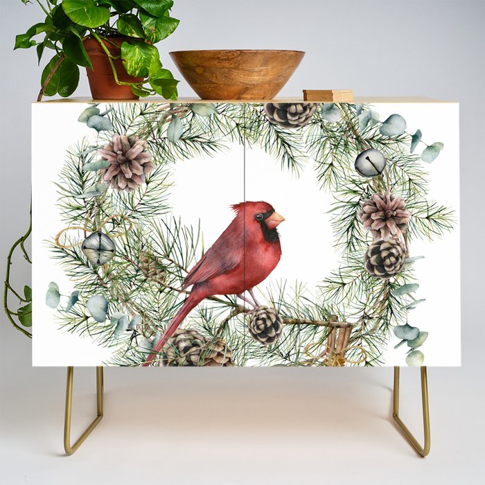 Cardinal Christmas Wreath, Floral Prints Credenza Gallery Image 1