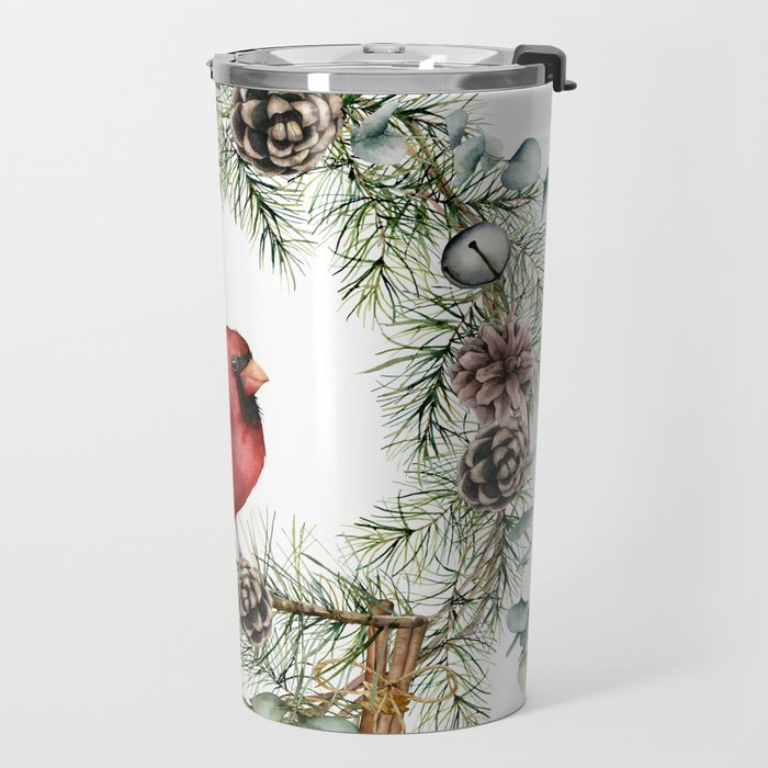 Cardinal Christmas Wreath, Floral Prints Travel Mug Gallery Image 2