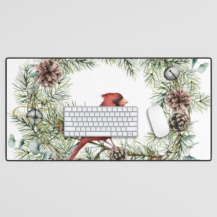 Cardinal Christmas Wreath, Floral Prints Desk Mat Gallery Image 1